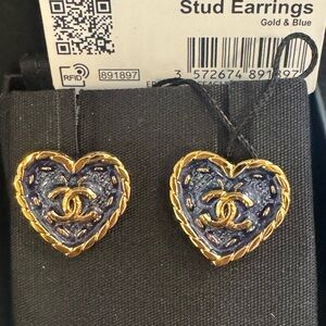 NWT Chanel CC Denim Heart Stud Earrings